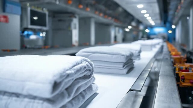 Automated laundry folding machine efficiently folding fresh towels in a bright industrial laundry facility with vacuumassisted precision technology.