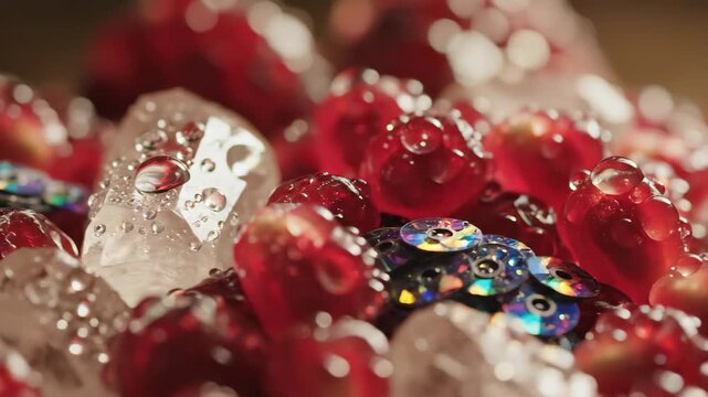 Pomegranate seeds mixed with ice and water droplets. Sparkling red arils in refreshing close-up sequence. Fresh fruit and crystal elements for culinary display concept.