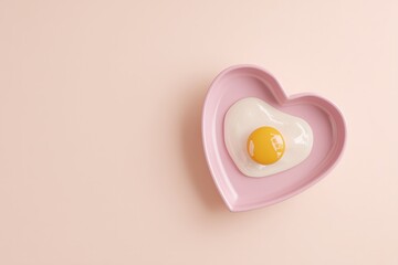 A single fried egg with a bright yellow yolk served in a pink heart-shaped dish on a pink background