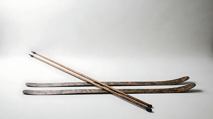  Vintage Wooden Skis and Poles for Winter Sports isolated
