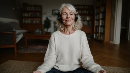 Mature woman with headphones meditating peacefully at home, enjoying music and relaxation