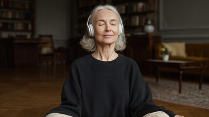 Mature woman with headphones meditating peacefully at home, enjoying music and relaxation
