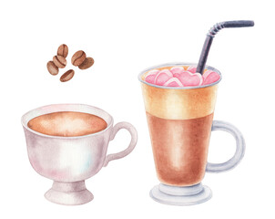 Cozy Winter Coffee Cups Watercolor Illustration. Hand painted watercolor illustration of cozy coffee cups with marshmallow and coffee beans.