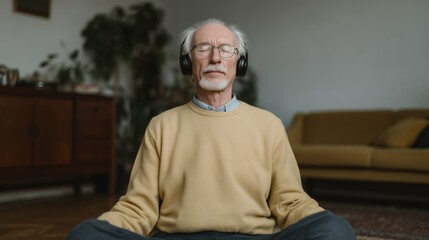 Elderly man with headphones meditating peacefully at home, finding inner calm and relaxation