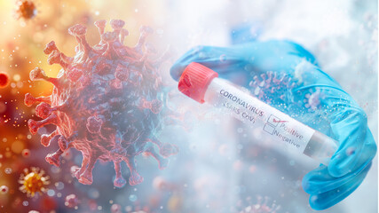 Gloved hand holding blood sample test tube with virus particles background, laboratory diagnosis and medical research concept for infectious disease, outbreak, and healthcare testing.