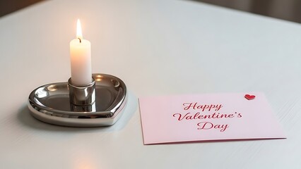 Valentine's day setup with candle and pink greeting card on white table