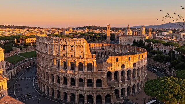 Ancient colosseum at sunset urban landscape and historical landmark