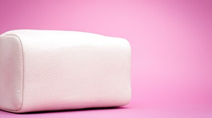 Obraz premium Elegant cosmetic bag on soft pink background, highlighting texture and design.