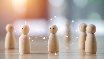 Conceptual network of wooden human figures—connected by lines and nodes on softly blurred background.