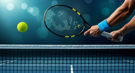 Tennis player hitting a ball with racket on court