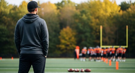 Man watching football practice on field with team in background