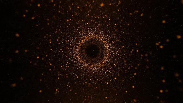 Golden particles swirling around a dark void in space