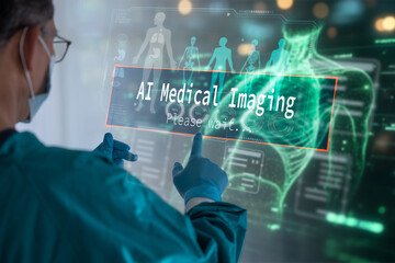 Futuristic healthcare concept showing a doctor analyzing patient data on a transparent digital screen labeled 'AI Medical Imaging'. The interface displays a 3D human body scan and skeletal structure, 