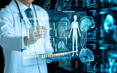Doctor using futuristic medical interface with digital X-ray and patient scan data on holographic screen in hospital, healthcare technology and diagnosis concept.