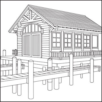 Architecture coloring page for kids and adults, black and white marina boathouse building with pitched roof sketch line art vector illustration