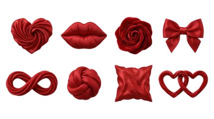 Red silk fabric element set including heart, lips, rose, bow, infinity, knot, pillow, and linked hearts isolated. Romantic decorative symbols for valentines day.