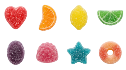 Gummy candy set including heart, orange, lemon, lime, grape, raspberry, star, and ring shapes isolated. Sweet colorful sugar confectionery collection.