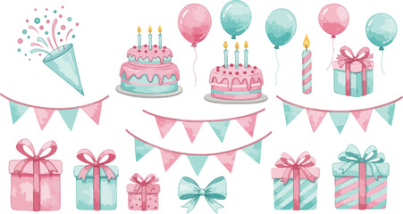 Birthday celebration elements with cakes balloons and gifts in pastel colors