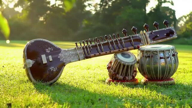 Sitar and Tabla on Grass with Outdoors.
