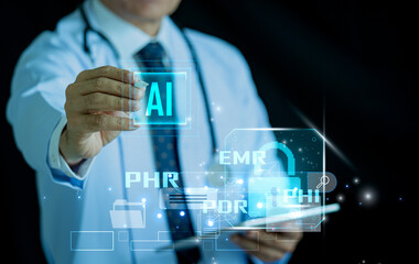 Doctor using AI and digital healthcare interface with electronic medical records and patient data icons, futuristic medical technology concept for hospital innovation and smart diagnosis.