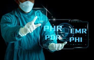 Doctor using AI and digital healthcare interface with electronic medical records and patient data icons, futuristic medical technology concept for hospital innovation and smart diagnosis.