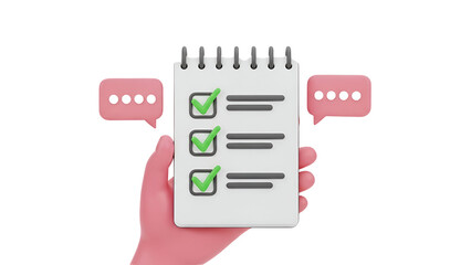 Hand holding notepad with green checkmarks and speech bubbles