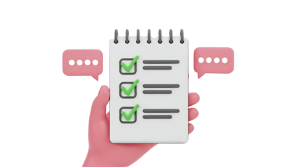 Hand holding notepad with green checkmarks and speech bubbles
