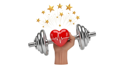 Hand holding dumbbells with heart and stars above fitness