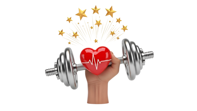 Hand holding dumbbells with heart and stars above fitness - Powered by Adobe