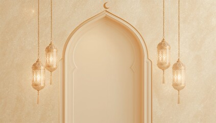 a golden archway with hanging lanterns in a soft light setting high quality professional detailed modern