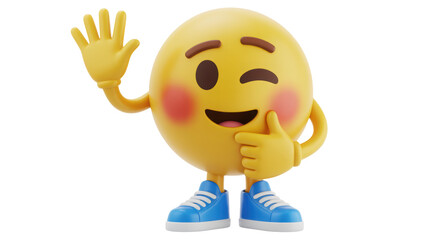 Cheerful yellow emoji character waving hello and winking with an expressive face rosy cheeks and blue sneakers isolated on a plain dark background