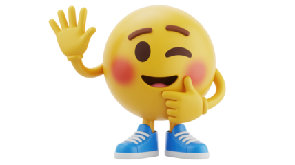 Cheerful yellow emoji character waving hello and winking with an expressive face rosy cheeks and blue sneakers isolated on a plain dark background