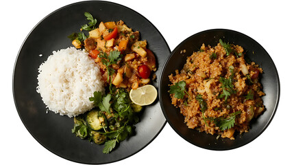 rice pan with vegetables on black plate top view isolated on white