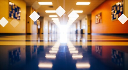 Bright and modern school hallway with shiny floor and vibrant walls