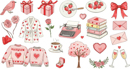 Valentine s day illustration set with hearts gifts flowers and sweet treats