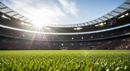 Sunlit soccer stadium with lush green field and packed stands