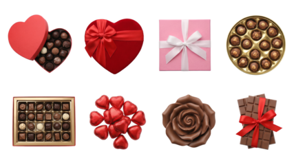 Gourmet chocolate gift set including heart boxes, assorted pralines, wrapped candies, and rose shaped bars isolated. Valentines day and holiday treats collection.