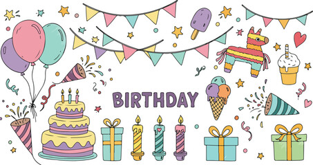 Colorful birthday celebration decorations and treats with the word birthday