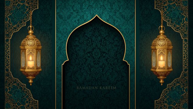 ramadan kareem background with golden lanterns and intricate designs on dark green high quality professional detailed