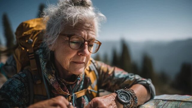 Senior Hiker Adjusting Compass Ready for Next Trail Adventure