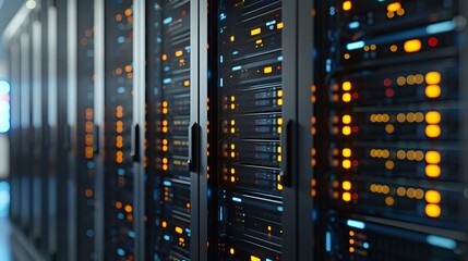 Illuminated network server rack showcasing a row of advanced technology with glowing led indicators