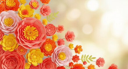Composition of paper flowers in coral, yellow, and orange hues against a blurred, light background, resembling spring, freshness, and delicate beauty