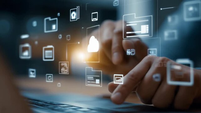 Medium shot of a person organizing digital files on a cloud storage interface highlighting secure access and seamless backup options for photo preservation.