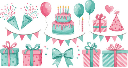 Birthday celebration elements with gifts cake balloons and decorations in pink and green