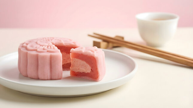 Beautiful pink snow skin mooncake with strawberry cream filling on a white plate with tea.