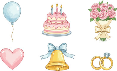 Wedding decorations and symbols including cake balloons flowers heart bell rings