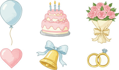 Wedding and birthday celebration elements with cake balloon flowers