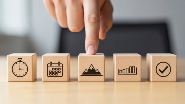 Milestone Planning. Hand highlighting a central milestone within a business timeline, representing structured progress and measurable goals.
