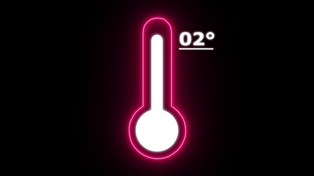 Neon Celsius thermometer displayed temperature 02 degree. Thermometer equipment showing hot or cold weather. 4K Video motion graphic animation.