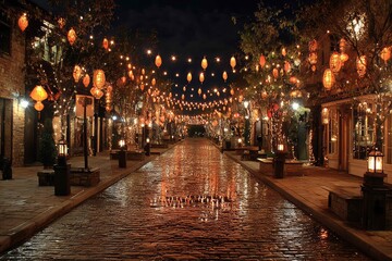 Street decorated with rows of glowing lantern